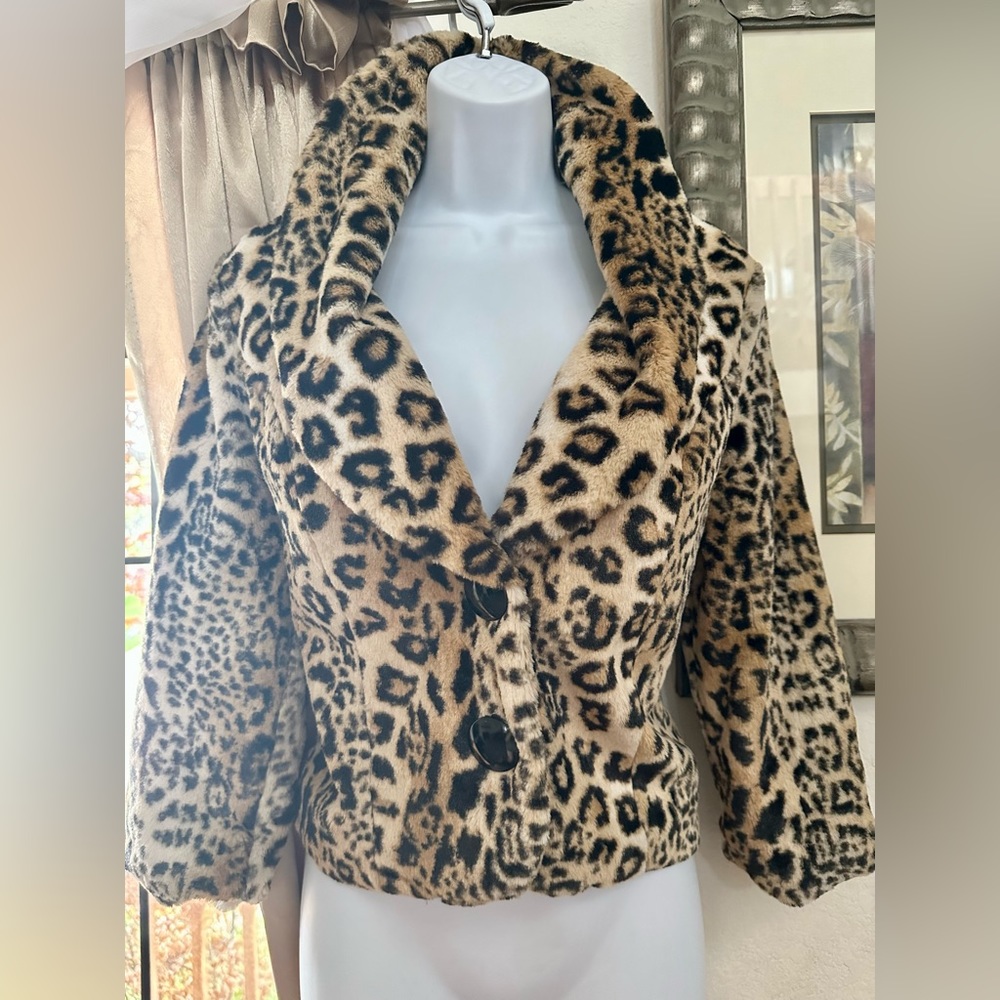 HeartSoul Faux Fur Short 3/4 Sleeve Leopard Blazer Jacket
